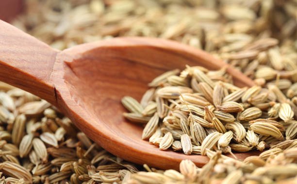 Closeup of some fennel seeds with wooden spoon
