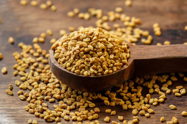 Fenugreek seeds in wooden spoon